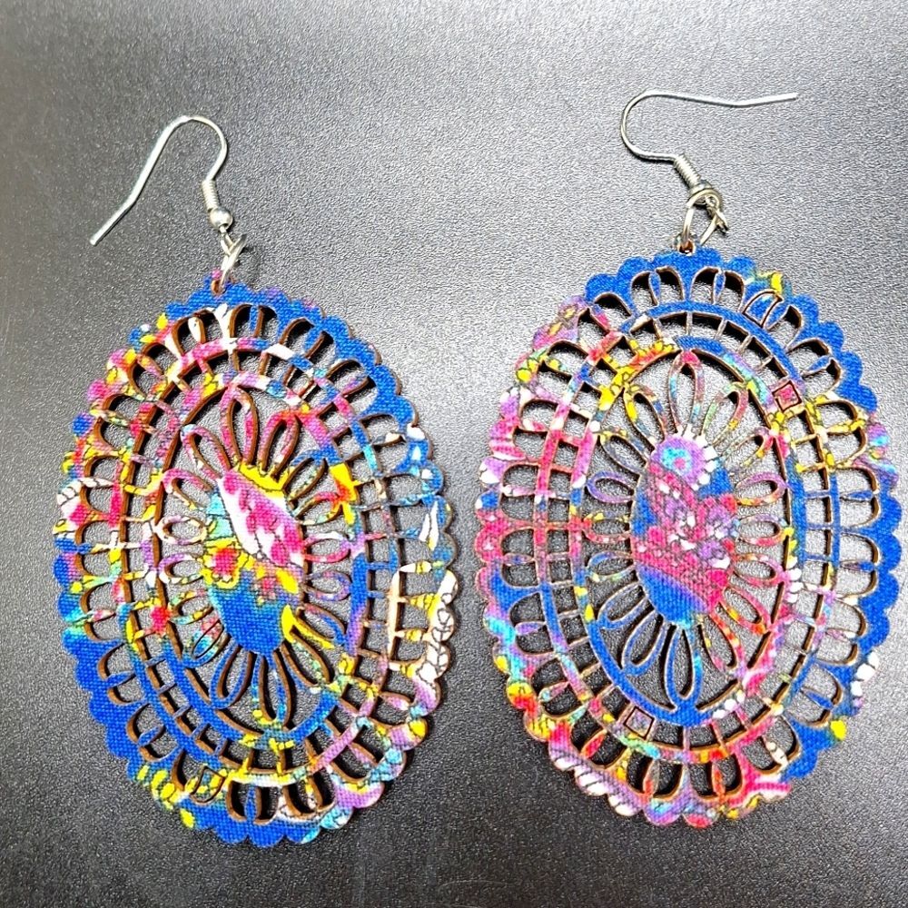Blue mandala earrings wood carved hollowed out oval shape fabric earrings